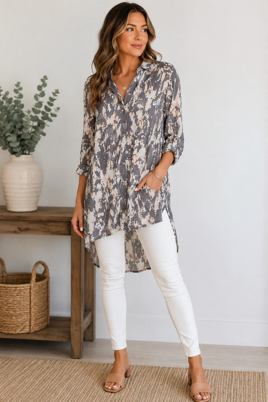 Piperlime Collection Silk Tunic Top Medium Abstract Print Hi Low Button Front
